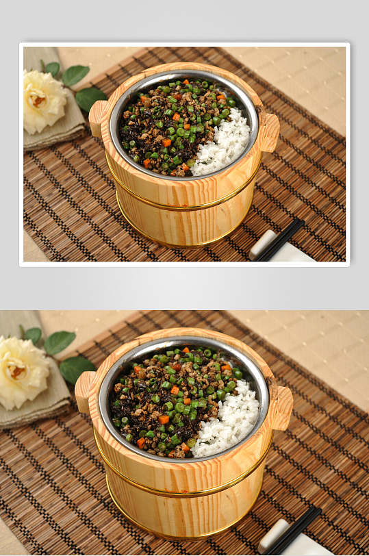 豆角肉沫木桶饭摄影图