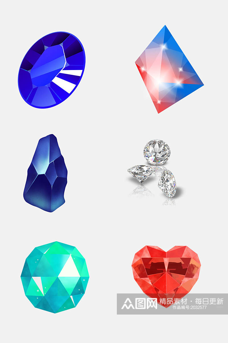 蓝色红色绿色精美钻石珠宝免抠元素素材