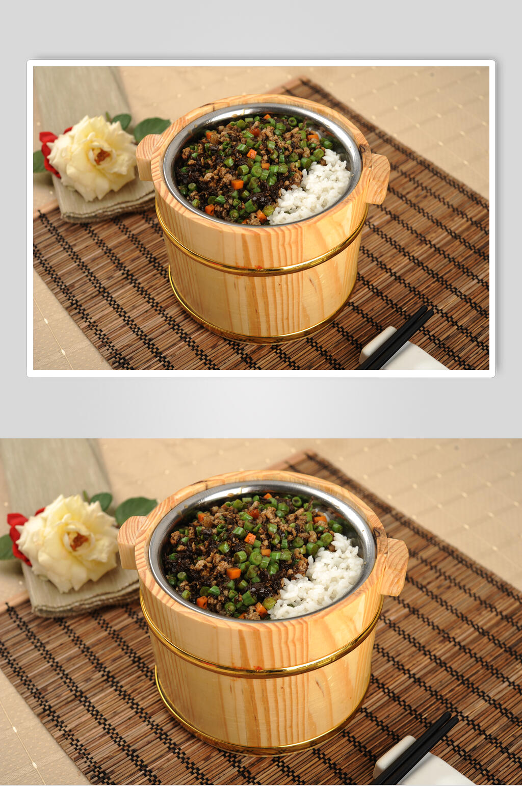 美味豆角粒木桶饭摄影图片素材