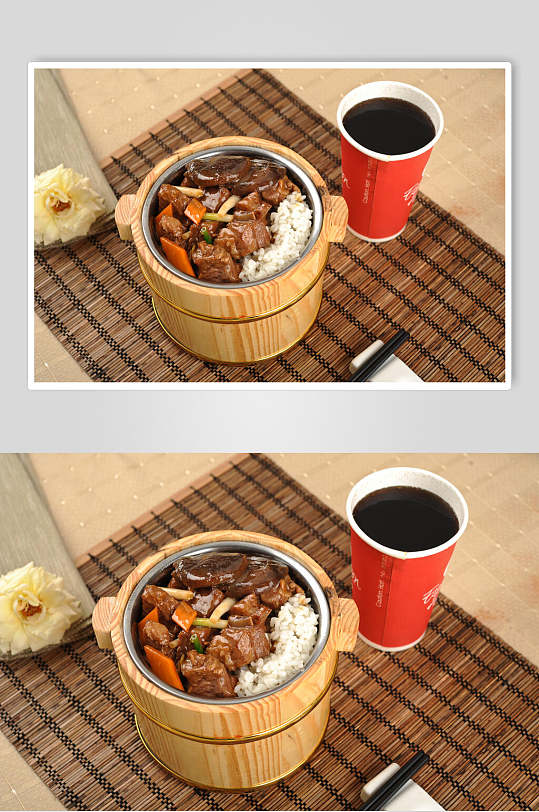 美味牛肉木桶饭摄影图片