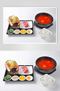 美味红油火锅配菜米线拉面摄影图片