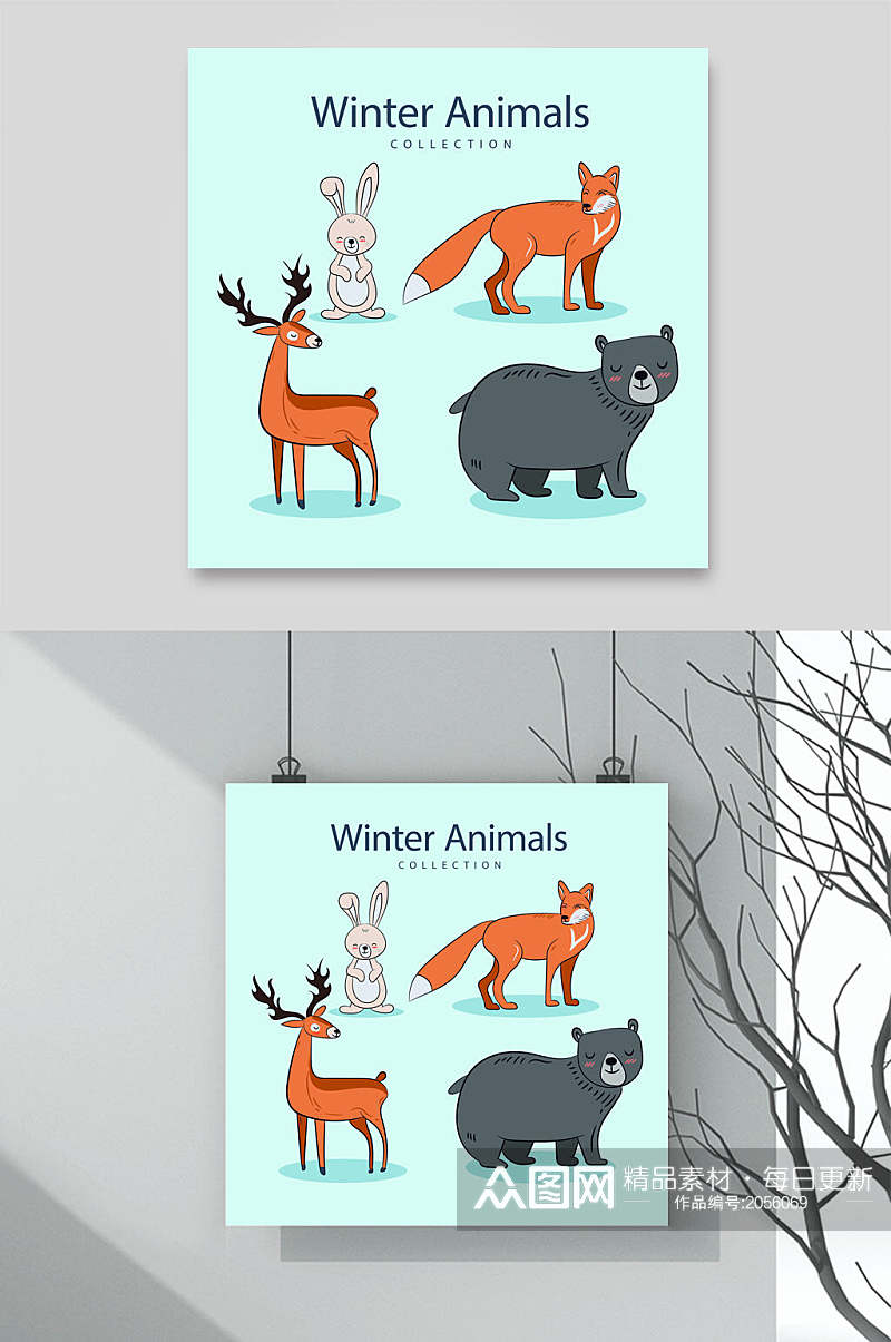 冬季动物卡通矢量动物素材素材
