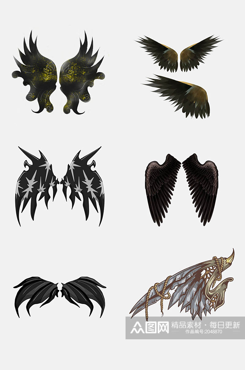 黑色灰色恶魔天使翅膀免抠设计元素素材