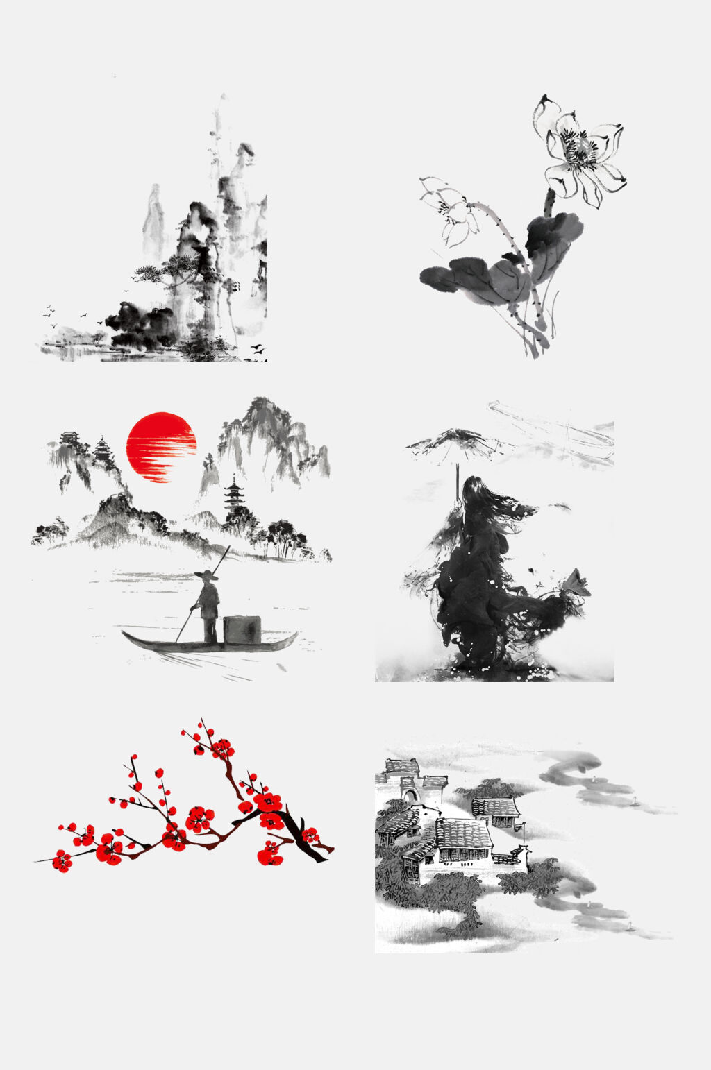 手绘中国风水墨花鸟山水免抠元素素材