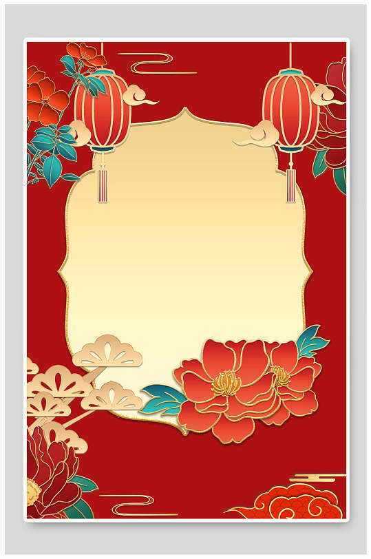 红色国潮中式古典花卉灯笼背景素材