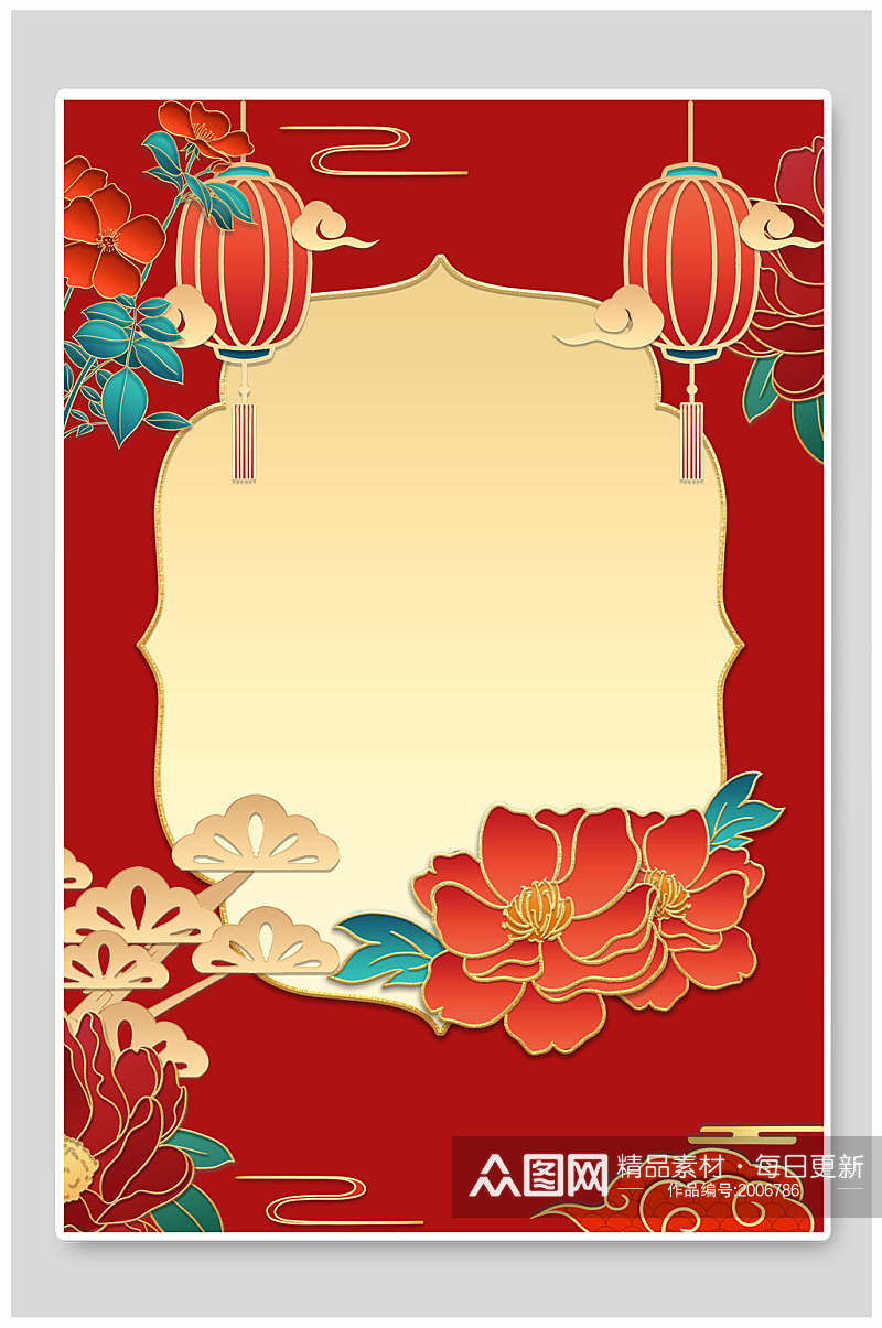 红色国潮中式古典花卉灯笼背景素材素材