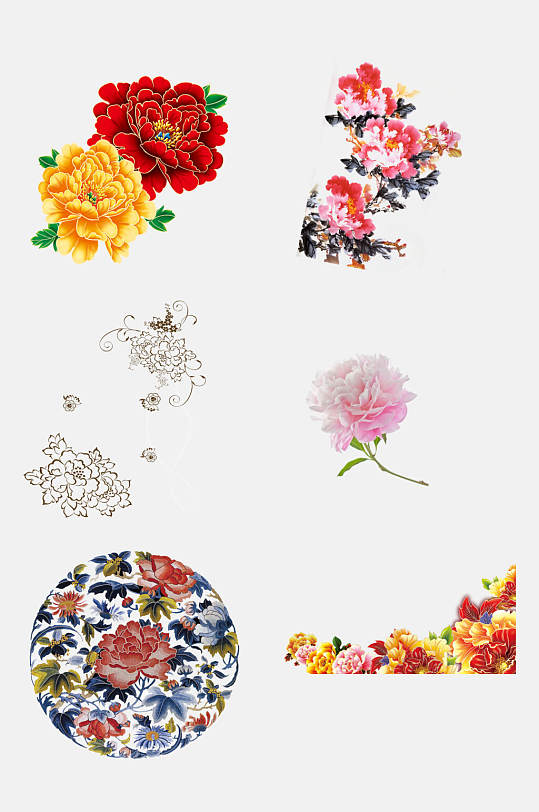 水彩中国风牡丹花免抠元素