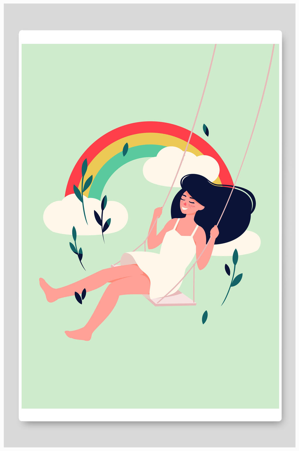 夏日彩虹女孩荡千秋插画素材