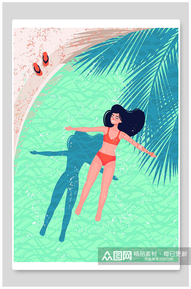 夏日女孩泳池享受阳光浴插画素材