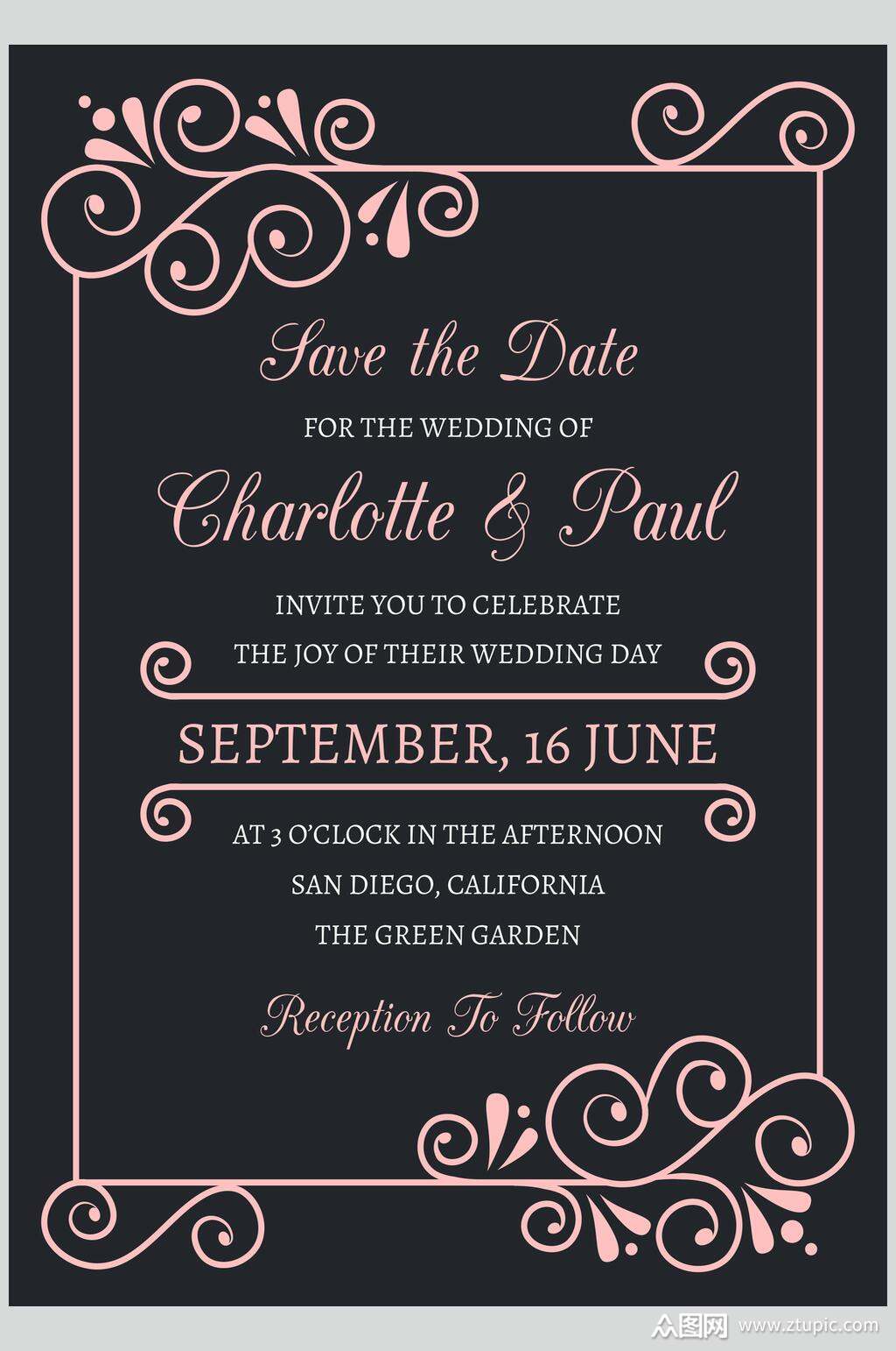 粉蓝英文婚礼请柬邀请函海报模板下载-编号2062015-众图网