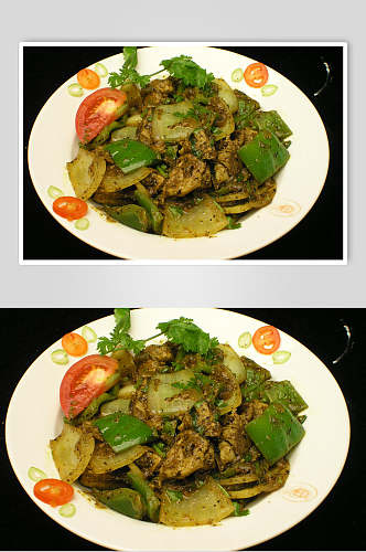 辣椒咖喱鸡两联菜谱菜单摄影图