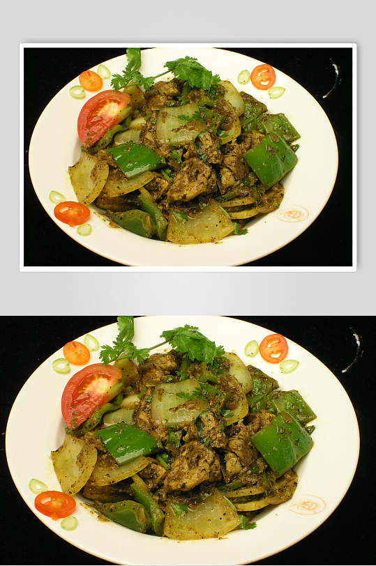 辣椒咖喱鸡两联菜谱菜单摄影图