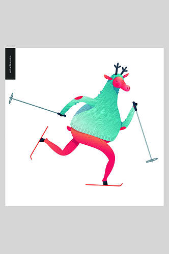 圣诞节小鹿人偶滑雪插画元素 设计元素