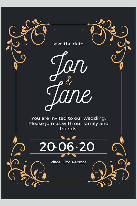 黑金简约典雅英文婚礼请柬邀请函海报