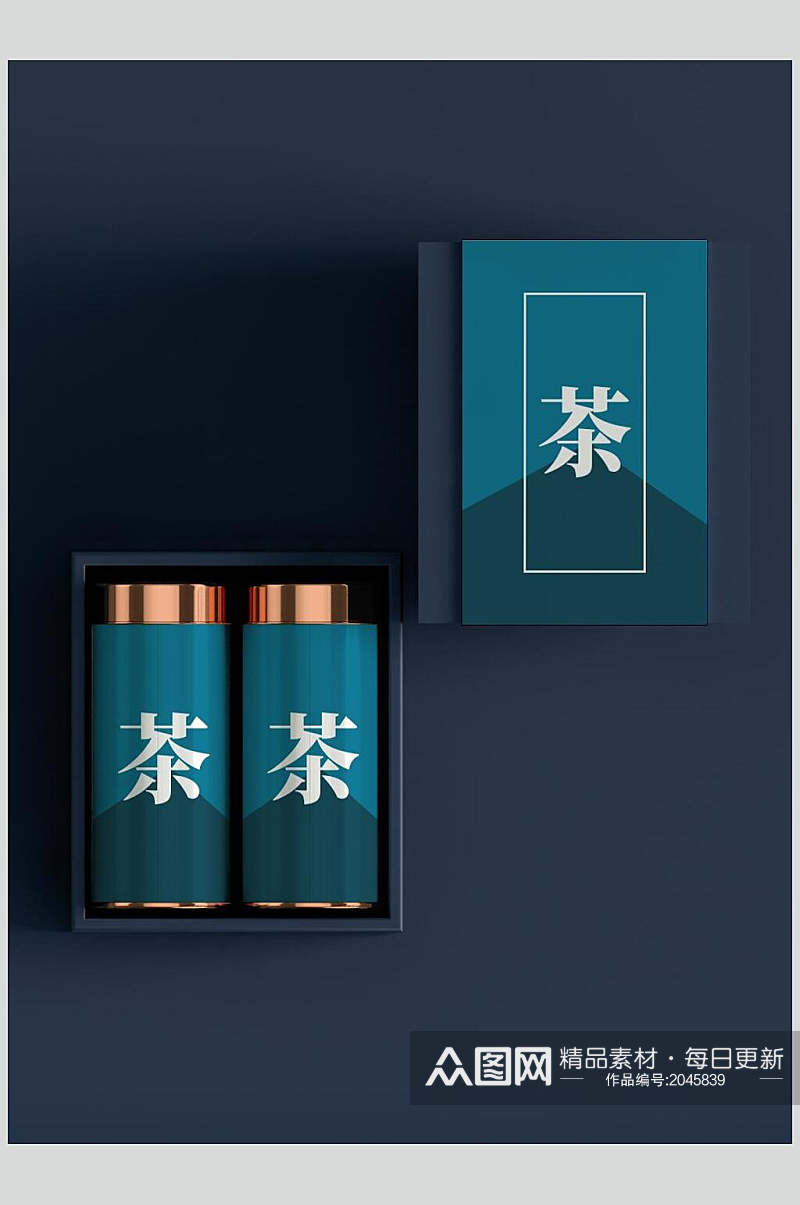 蓝色国风文创茶叶铁盒包装样机素材