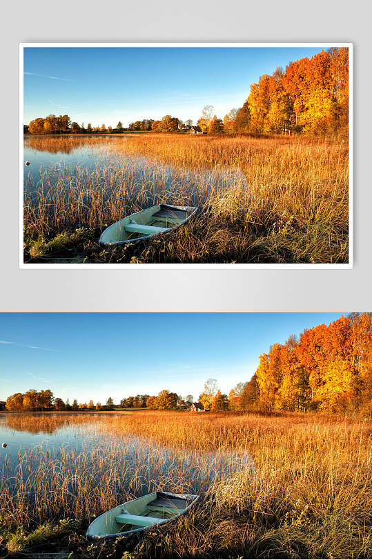 秋天落叶风景图片两联摄影视觉图湖水和船
