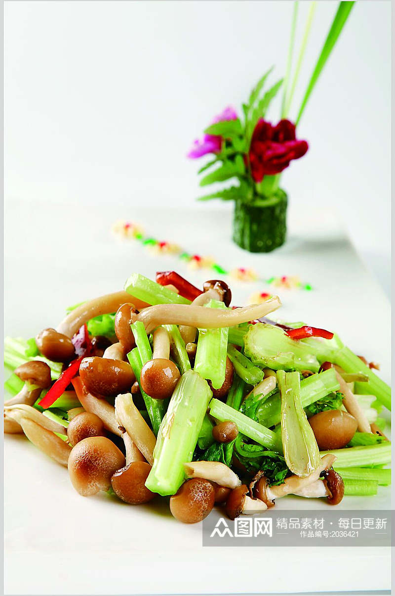 土芹炒蟹味菇食物高清图片素材