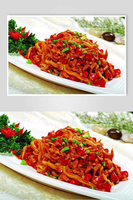 小炒河蚌肉摄影图片