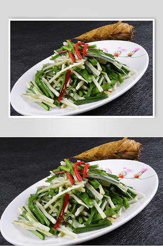 韭菜炒野竹笋食物摄影图片