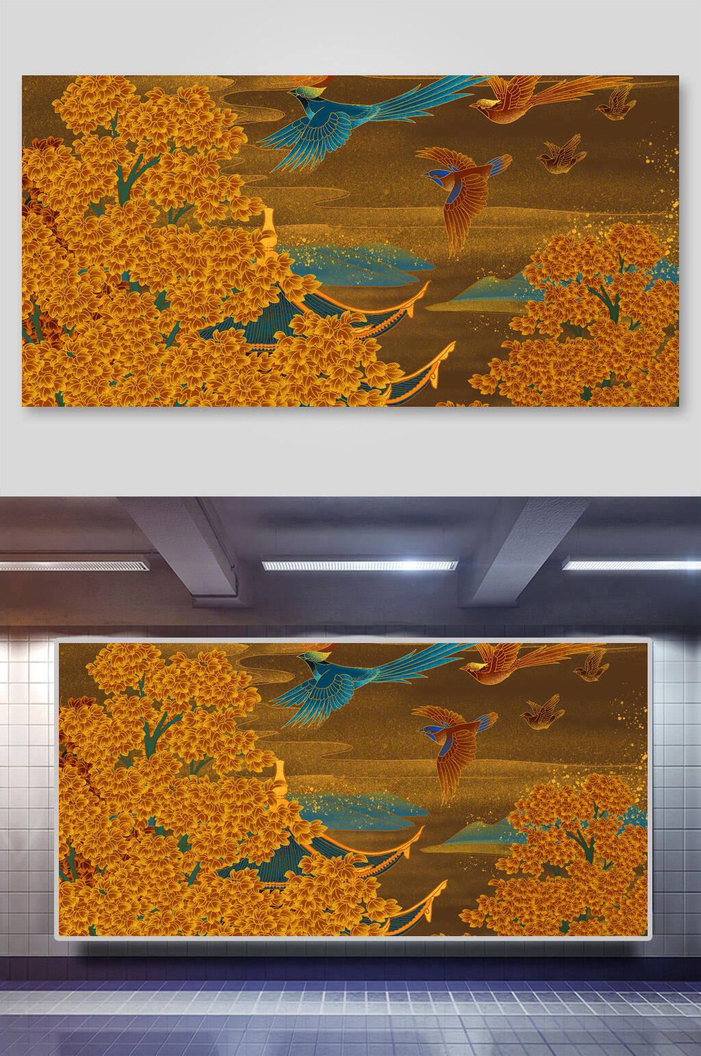 唯美国潮风鎏金花鸟山水插画素材