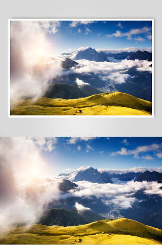 草地天空风景图片云雾山峦摄影图