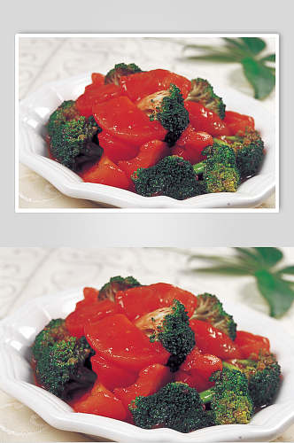 西红柿炒西兰花美食摄影图片