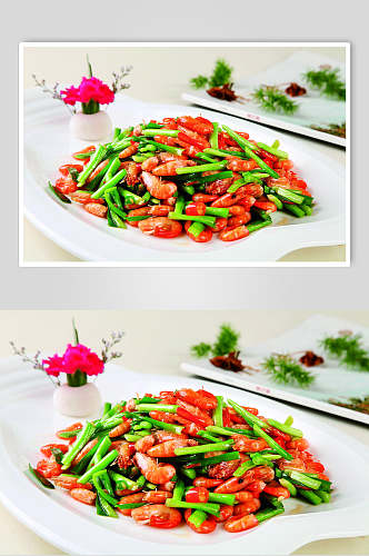 韭菜炒河虾食物摄影图片