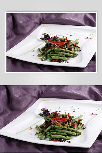 榄菜肉松炒酿四季豆例摄影图片