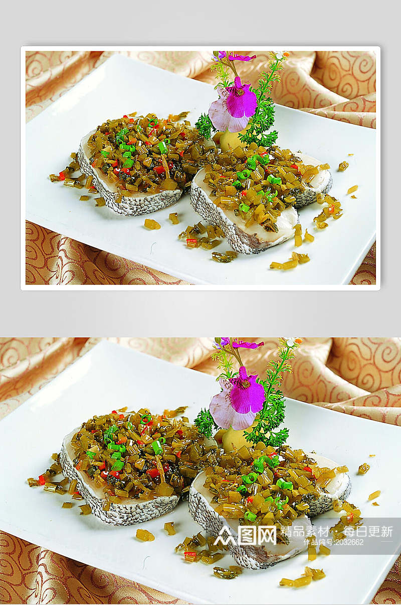 雪菜蒸鳕鱼元例食物摄影图片素材