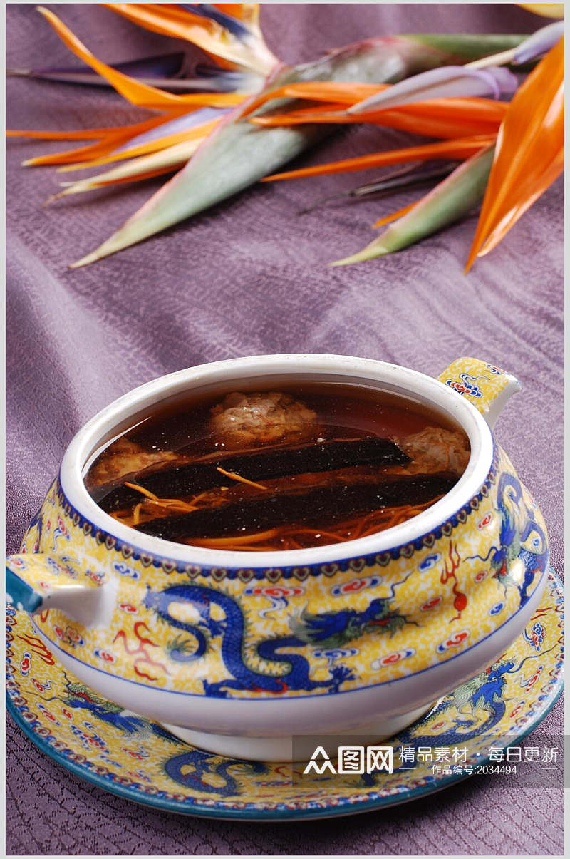 虫草花肉汁炖鲜灵芝位美食摄影图片素材