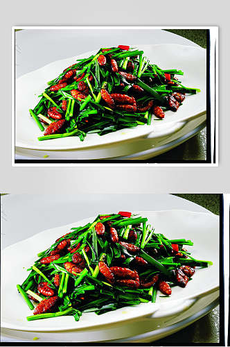 韭菜炒蚕蛹食物摄影图片