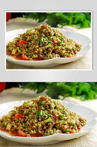 芹菜豇豆炒肉沫美食摄影图片