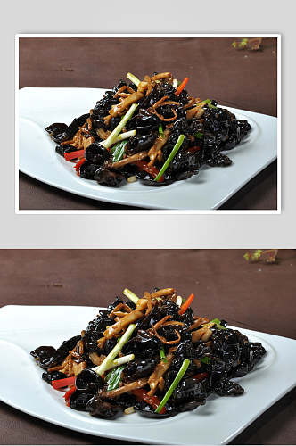 新鲜茶树菇炒木耳食物摄影图片