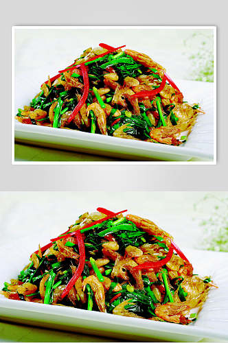 招牌韭菜炒河虾食物摄影图片
