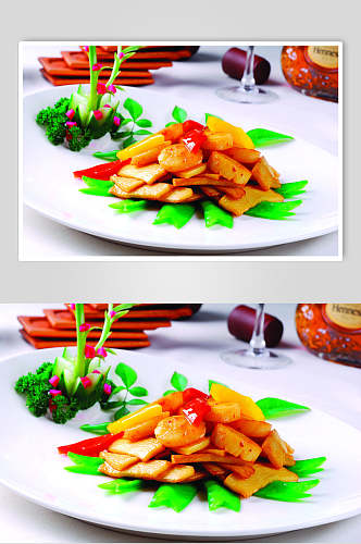 热菜鲜鸡茸菌爆澳带美食摄影图片