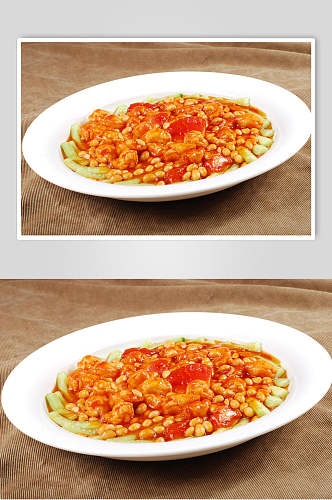 新鲜番茄焗豆烧鱼腐摄影图片