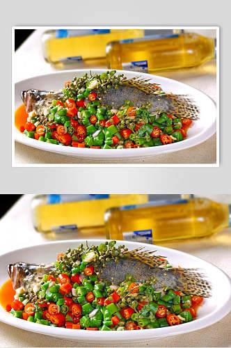 热菜鲜椒蒸刺婆鱼美食摄影图片