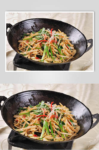 干锅韭香鲜笋两联菜谱菜单新品菜摄影图