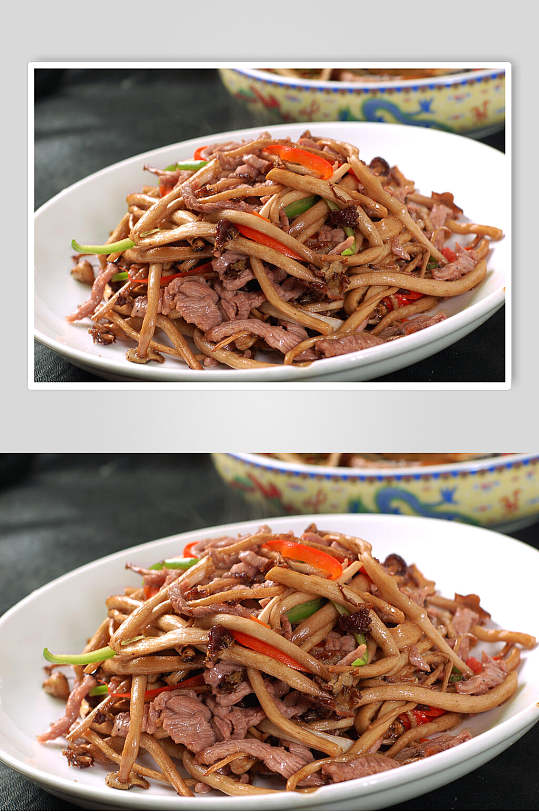 热菜茶树菇牛肉丝美食摄影图片