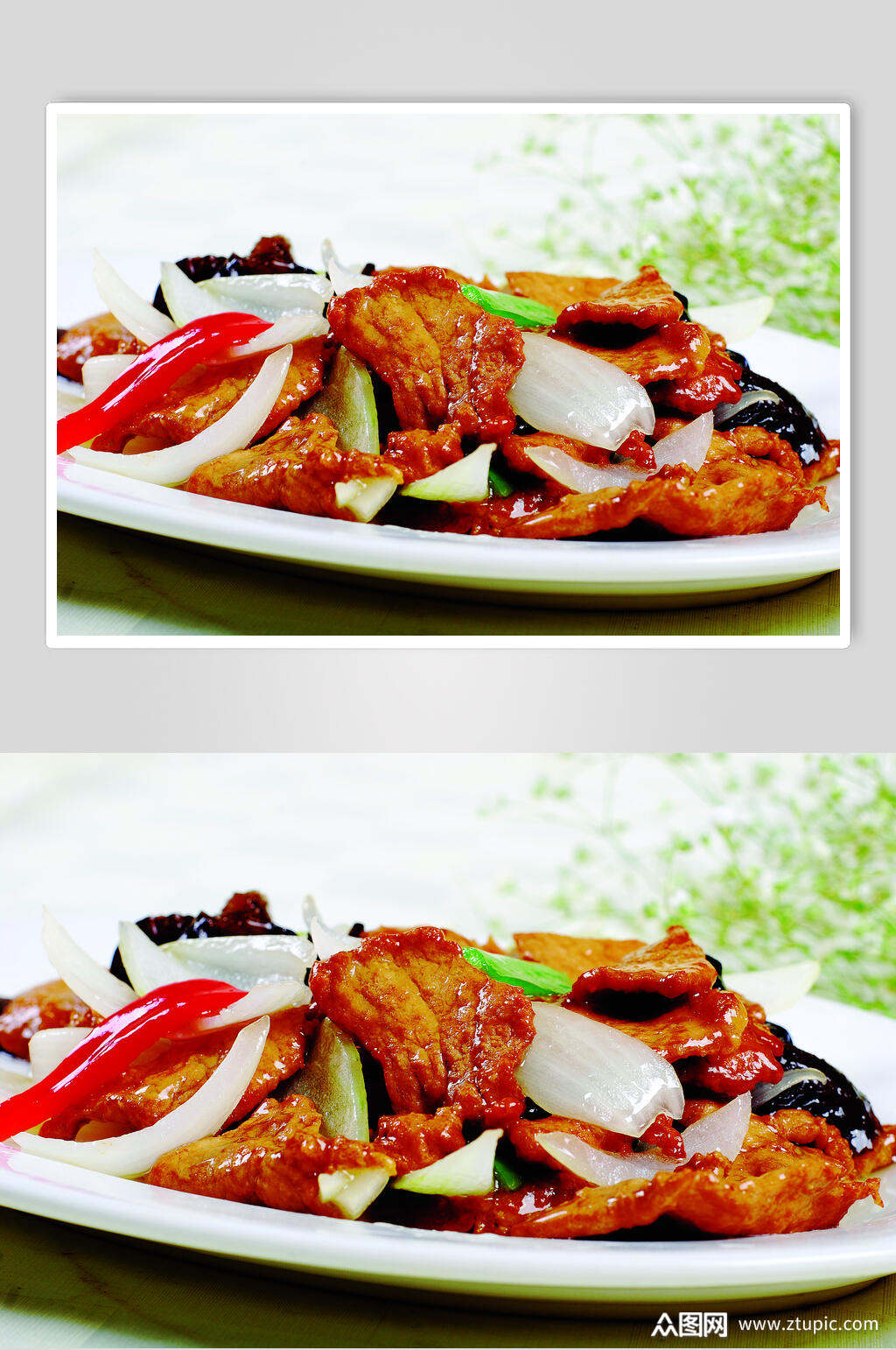 洋葱炒肉片摄影图片