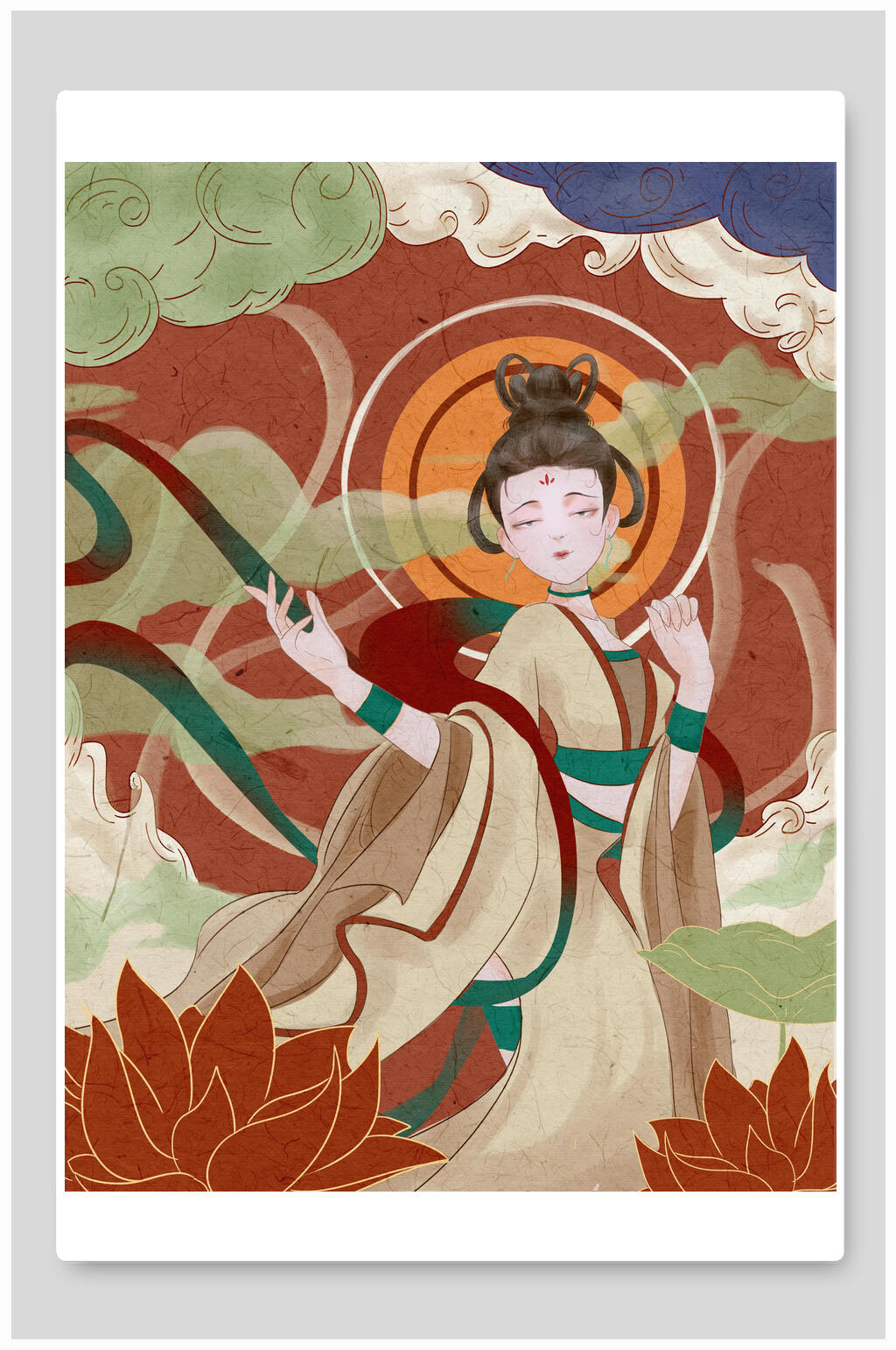 经典人物祥云树叶插画素材