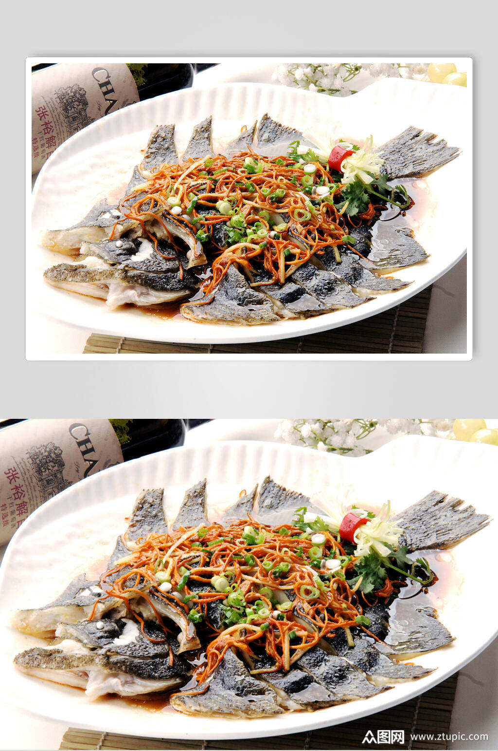 虫草花蒸鱼美食摄影图片