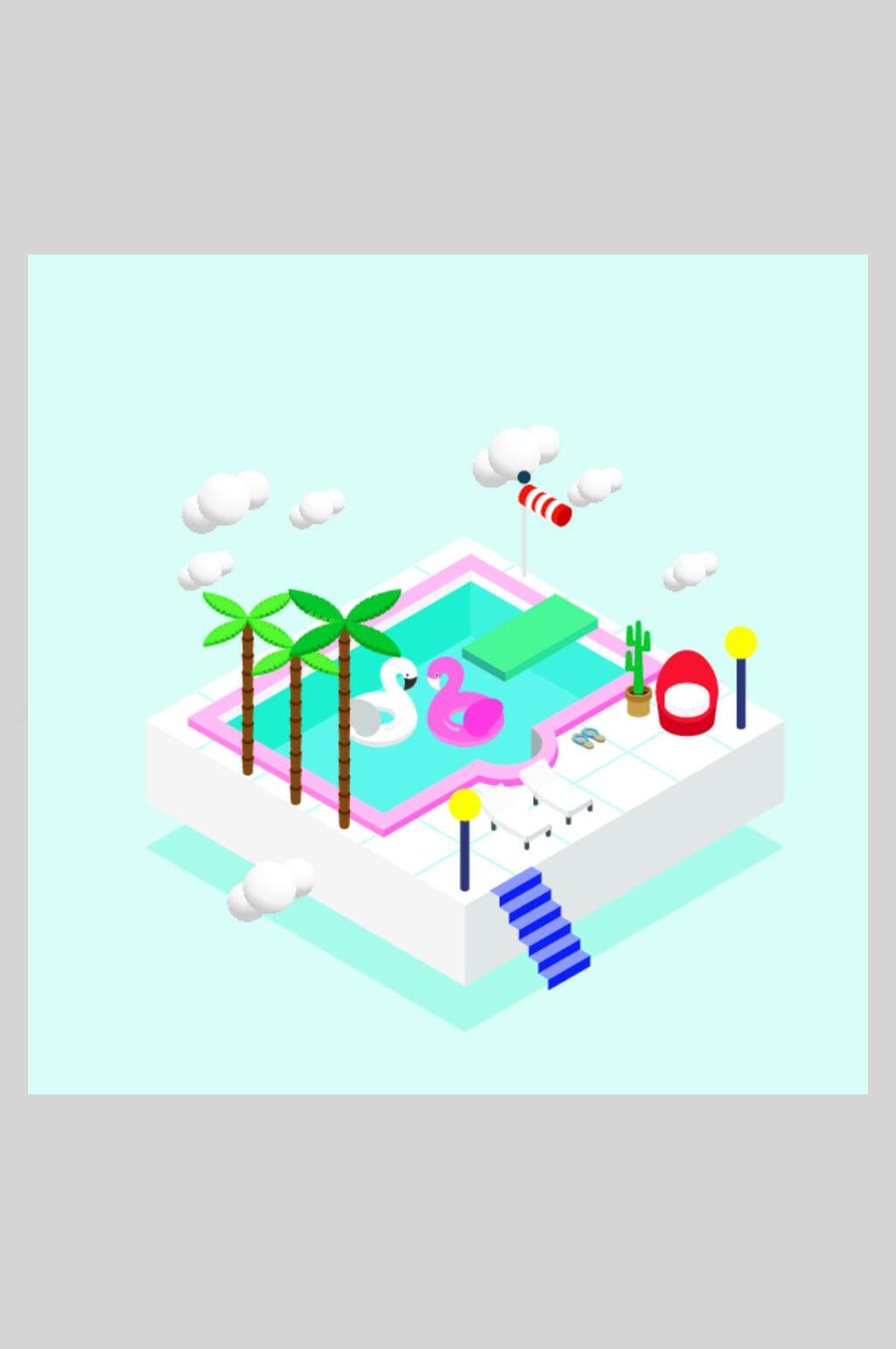 游泳池立体夏季场景矢量插画素材