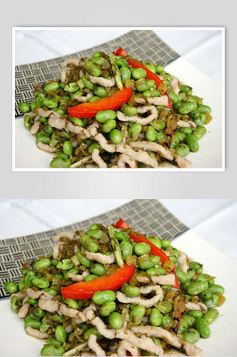 雪菜肉丝炒毛豆食物摄影图片