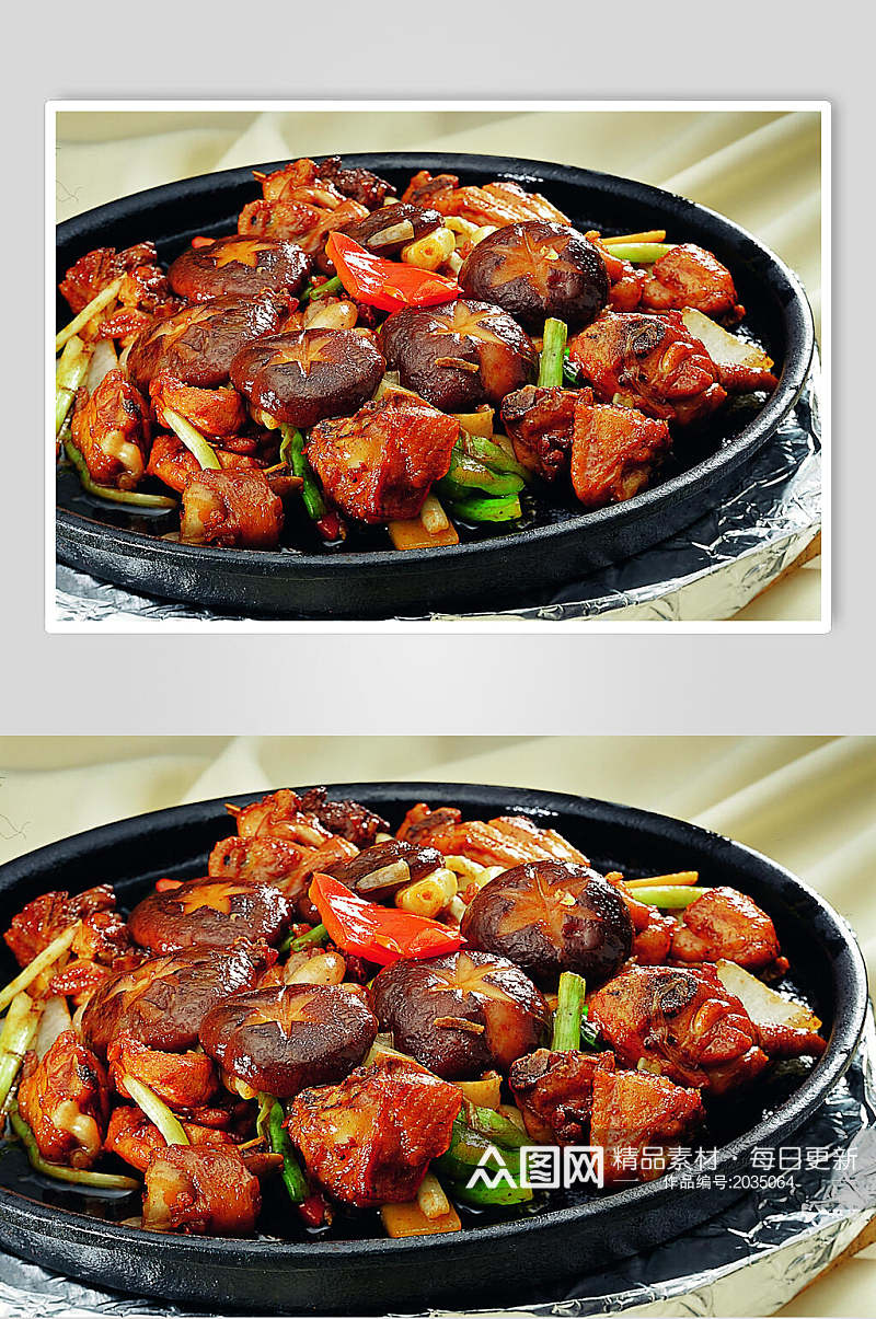 铁盘鲜香菇焗三黄鸡美食食品图片素材