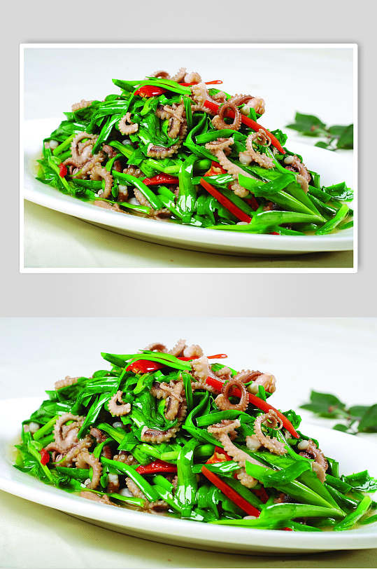 韭菜炒八爪鱼食物摄影图片