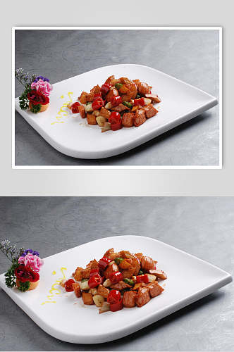 烧汁杏鲍菇炒松板肉例食物图片