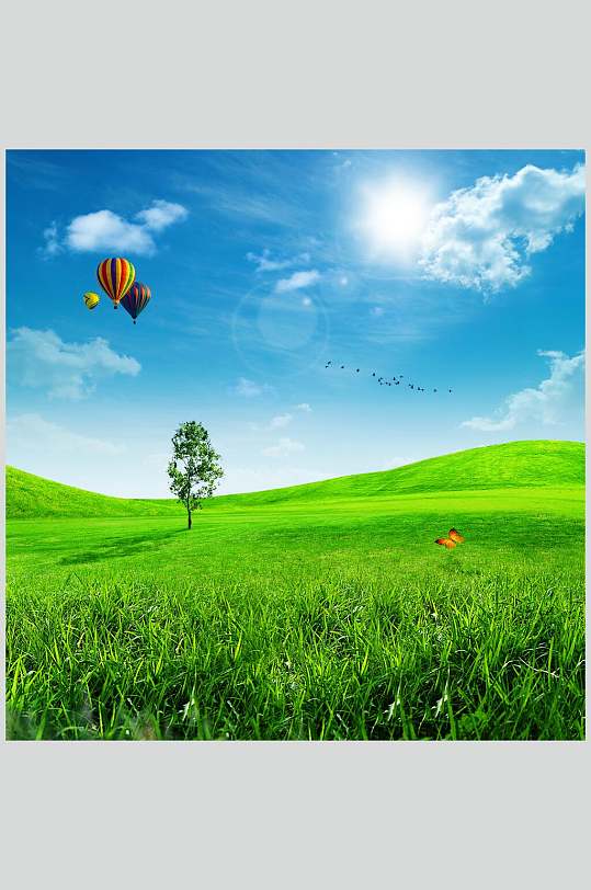 热气球白云草地天空风景图片