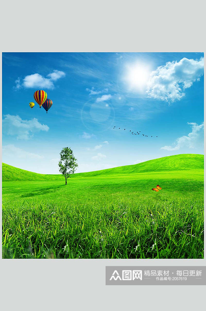 热气球白云草地天空风景图片素材