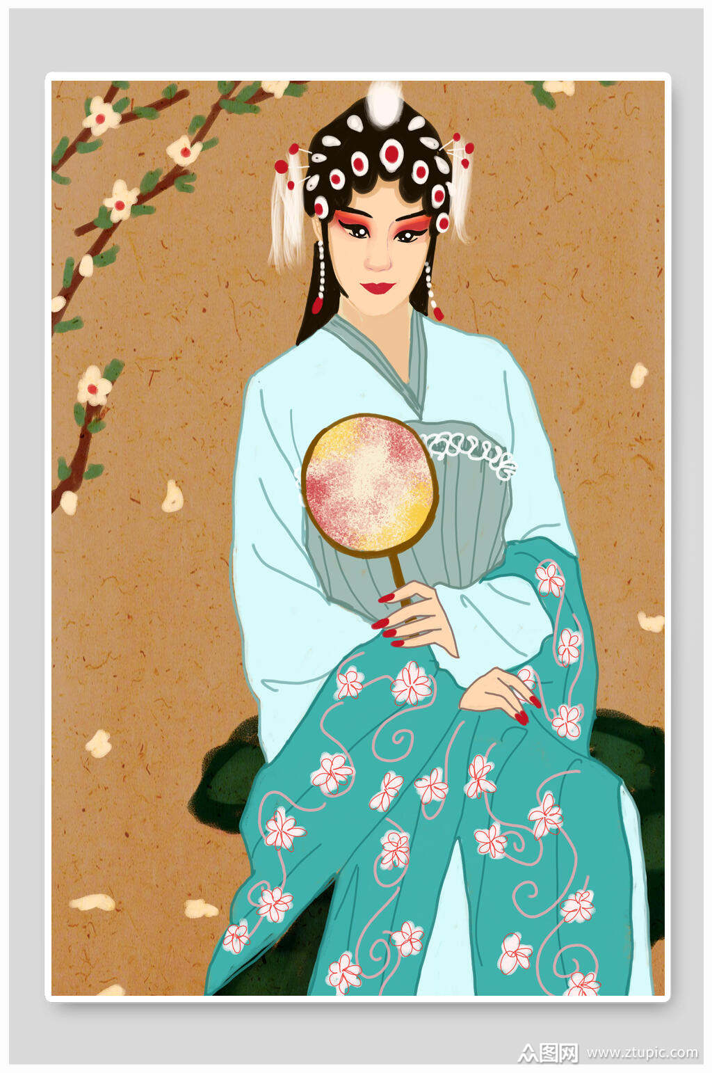 戏曲人物手拿扇子白花插画素材